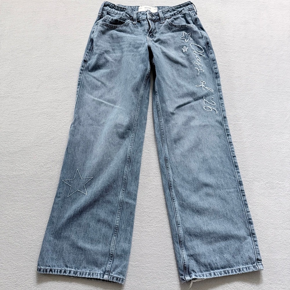 Y2K Star Embroidered Low Rise Baggy Jeans Hollister Blue Cotton Denim W25